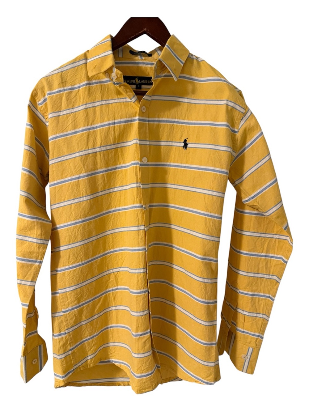 Ralph Lauren Custom Fit Yellow Stripe Dress Shirt 17” Large Crinkle Texture